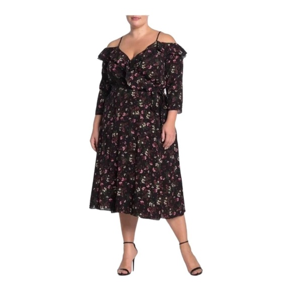 CITY CHIC Black Floral Cold Shoulder Midi Dress Size M/Size 18 Plus Size - Picture 1 of 6